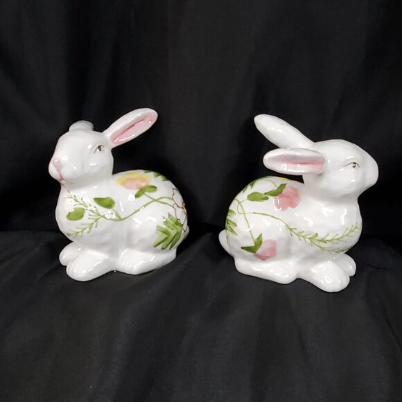 Ceramic Bunny Rabbit Figurines Spring Floral Design Decor Set Of 2 - Picture 8 of 10